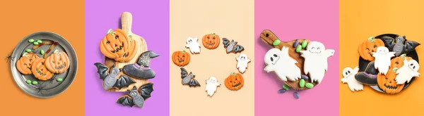Kolaż Różnymi Ciasteczkami Halloween Tle Koloru Widok Góry — Zdjęcie stockowe