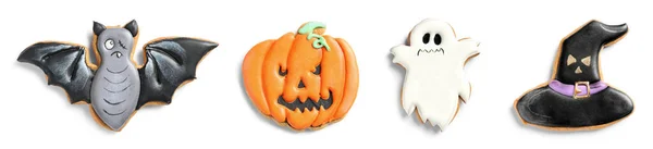 Conjunto Saborosos Biscoitos Halloween Isolados Branco Vista Superior — Fotografia de Stock