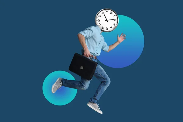 Running Man Clock Instead His Head Briefcase Blue Background — Stock Photo, Image