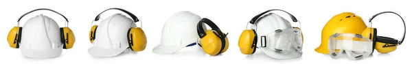 Collage Von Bauarbeiterkopfhörern Mit Hüten Und Brillen Auf Weißem Hintergrund — Stockfoto