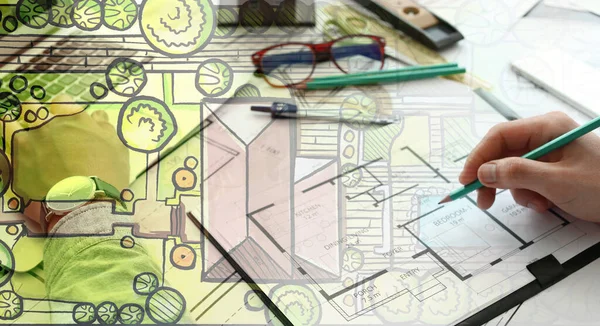 Double Exposure Drawing Male Architect Working Table Closeup — Stock Photo, Image