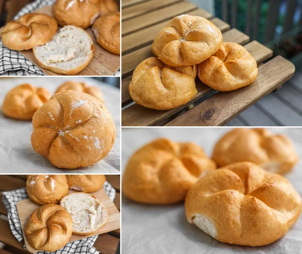 Collage Many Delicious Kaiser Rolls — Stock Photo, Image