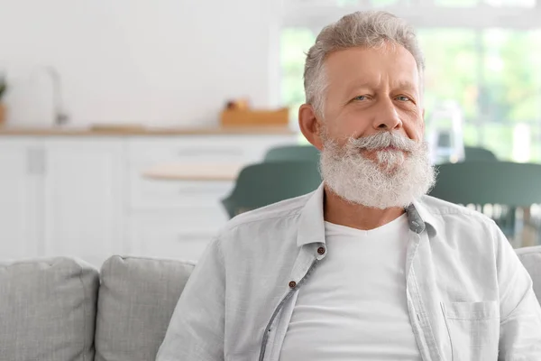 Senior Bearded Man Sitting Sofa Kitchen Closeup — Stock Photo, Image