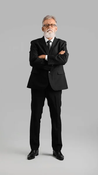 Senior Bearded Man Eyeglasses Black Suit Grey Background — Stock Photo, Image