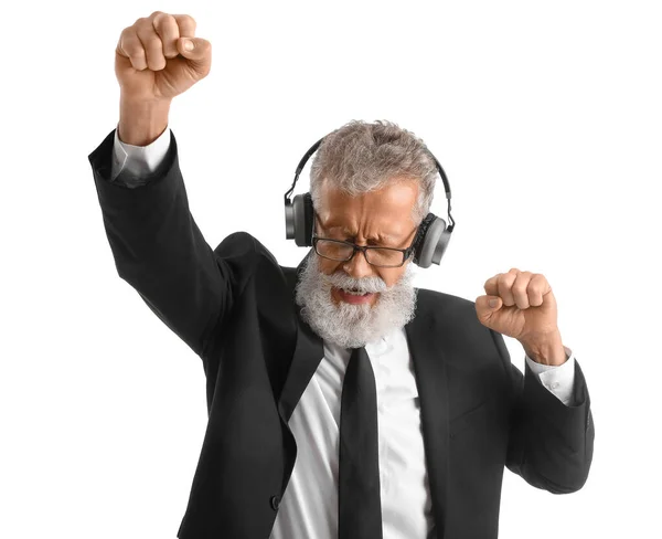 Senior Bearded Man Suit Headphones Dancing White Background — Stock Photo, Image