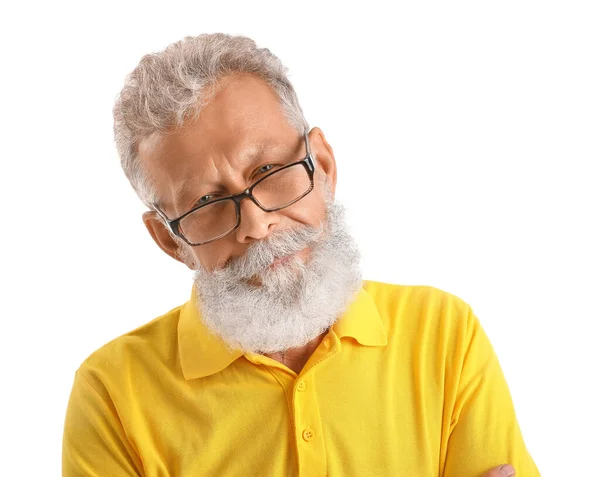 Starszy Brodaty Mężczyzna Okularach Białym Tle — Zdjęcie stockowe