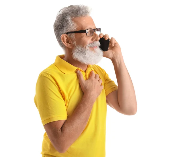 Senior Bearded Man Talking Mobile Phone White Background — Stock Photo, Image