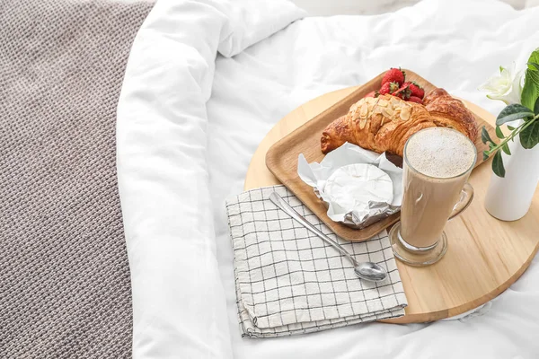 Tray Tasty Breakfast Coffee White Blanket Bedroom — Stock Photo, Image