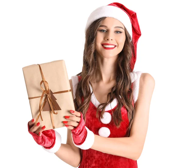 Belle Femme Costume Père Noël Avec Cadeau Noël Sur Fond — Photo