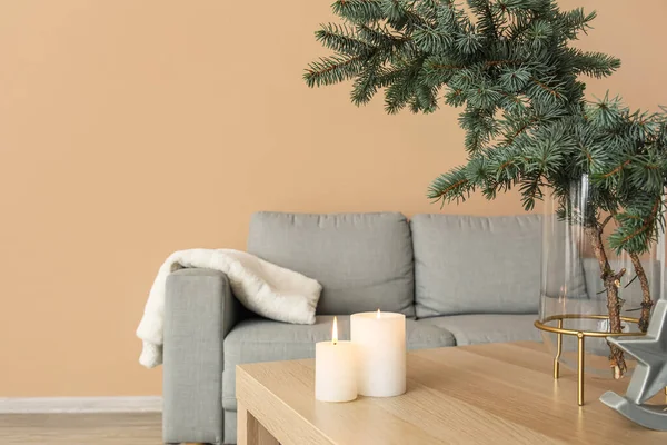 Vase Christmas Branches Candles Table Living Room — Stock Photo, Image