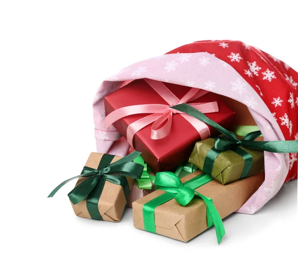 Saco Papai Noel Com Presentes Isolados Fundo Branco — Fotografia de Stock