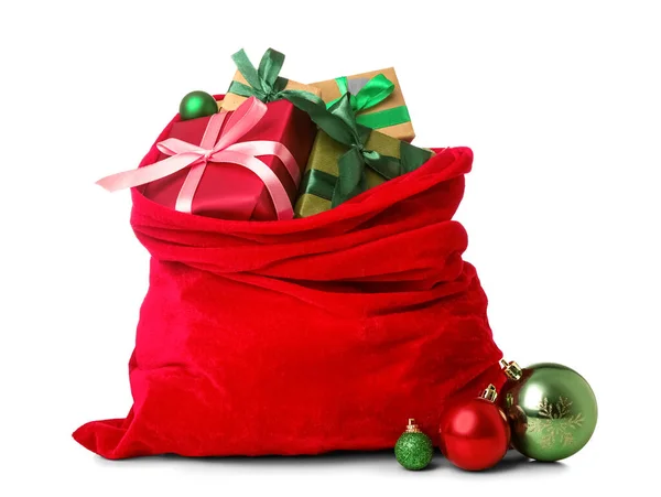 Мішок Санта Клауса Повний Подарунків Прикрас Білому Тлі — стокове фото