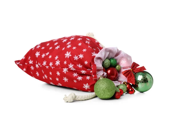 Weihnachtsmann Tasche Mit Weihnachtsdekoration Auf Weißem Hintergrund — Stockfoto