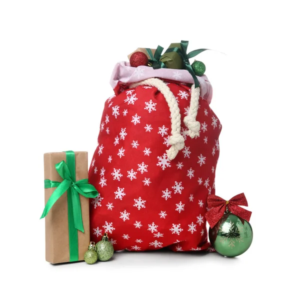 Saco Papai Noel Com Presentes Decorações Isoladas Fundo Branco — Fotografia de Stock