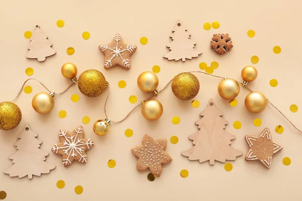 Hermosas Decoraciones Navidad Galletas Fondo Color — Foto de Stock