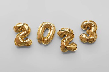 Gri arkaplandaki balonlardan yapılmış 2023 şekli