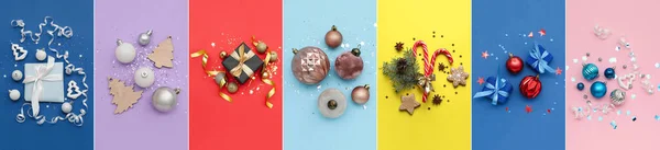 Collage Van Mooie Kerst Decoraties Kleur Achtergrond — Stockfoto