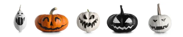 Conjunto Calabazas Halloween Con Caras Dibujadas Sobre Fondo Blanco —  Fotos de Stock