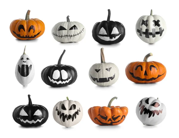 stock image Set of different Halloween pumpkins on white background