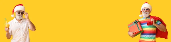 黄色の背景で休暇を過ごしているクールなサンタの句を持つバナー — ストック写真