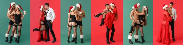 Conjunto Jovem Casal Sexy Fundo Colorido Celebração Natal — Fotografia de Stock