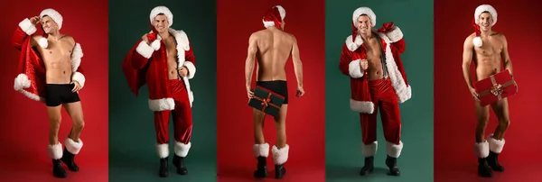 Set Van Sexy Jonge Man Santa Kostuum Kleur Achtergrond — Stockfoto