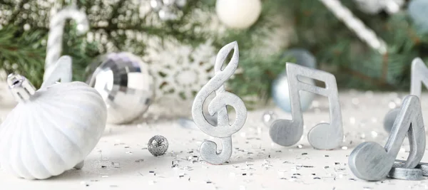 Notas Música Com Decorações Natal Mesa Luz — Fotografia de Stock