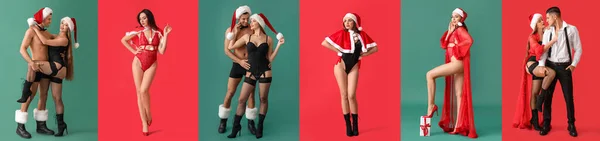 Uppsättning Sexiga Unga Människor Färgglada Bakgrund Julfirande — Stockfoto