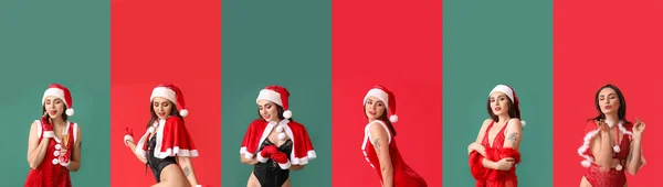 Set Sexy Giovane Donna Costume Babbo Natale Lingerie Sfondo Colorato — Foto Stock