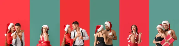Set Von Sexy Jungen Leuten Weihnachtsmützen Auf Farbigem Hintergrund — Stockfoto