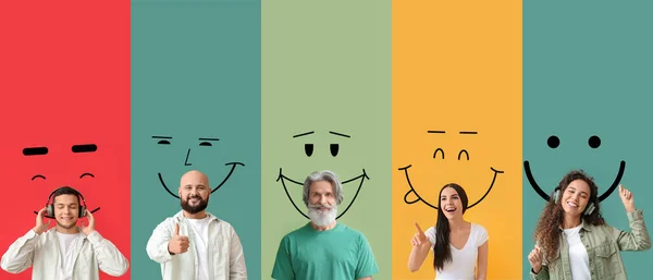 Colagem Pessoas Felizes Sorrisos Desenhados Fundo Cor — Fotografia de Stock