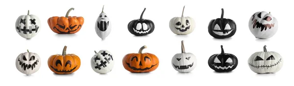 Conjunto Muchas Calabazas Halloween Con Caras Dibujadas Sobre Fondo Blanco —  Fotos de Stock