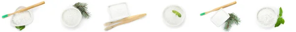 Коллаж Зубного Порошка Бамбуковыми Кисточками Белом Фоне Вид Сверху — стоковое фото