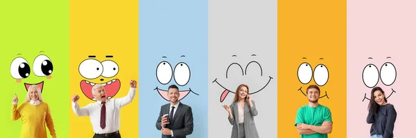 Group Happy People Drawn Smiles Color Background — Stock Photo, Image