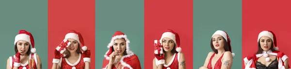 Uppsättning Sexig Ung Kvinna Santa Kostym Och Underkläder Färg Bakgrund — Stockfoto