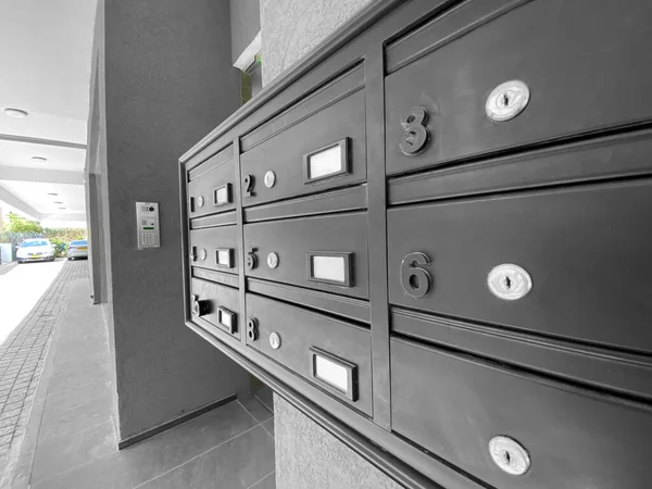Closeup View Modern Mailboxes Grey Wall Residential Building — Stock Photo, Image