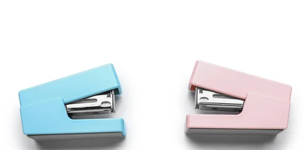 Two Colorful Staplers Isolated White Background — Stockfoto