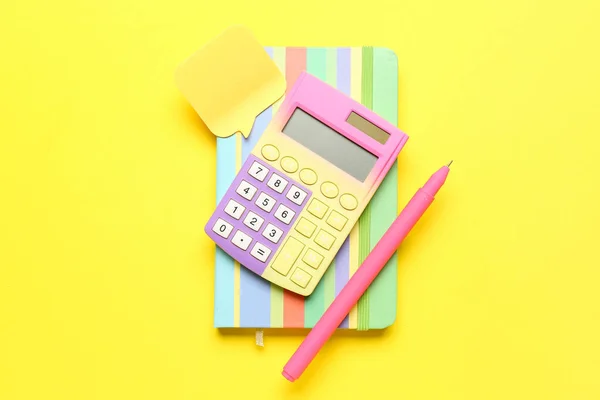 Calculator Notebook Pen Sticky Note Color Background Money Saving Concept — Stock Photo, Image