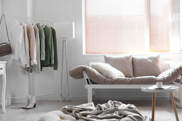Innenraum Des Hellen Wohnzimmers Mit Regal Pullover Und Couch — Stockfoto