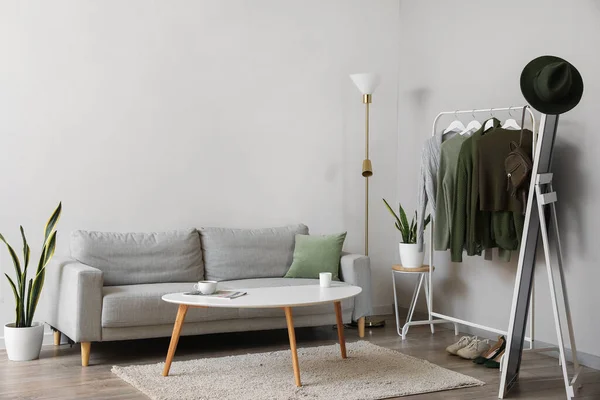 Interior Light Living Room Rack Sweaters Sofa — Stock Photo, Image