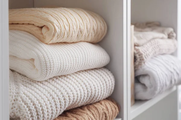 Knitted Sweaters Shelf Room Closeup — Stock Photo, Image