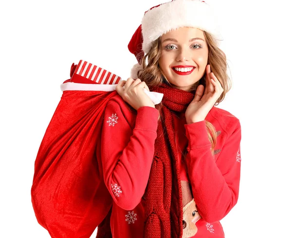 Jeune Femme Chapeau Père Noël Avec Sac Sur Fond Blanc — Photo