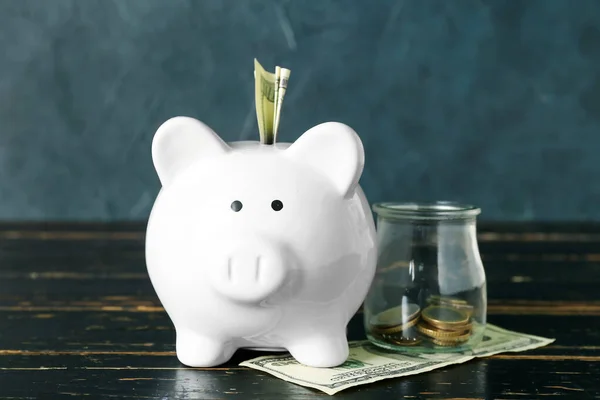 Piggy Bank Jar Money Table Dark Wall Budget Concept — Stock Photo, Image