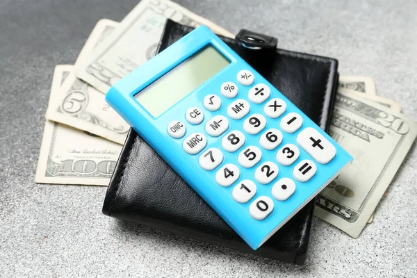 Kalkulator Portfel Pieniądze Biały Tło Koncepcja Budżetu — Zdjęcie stockowe