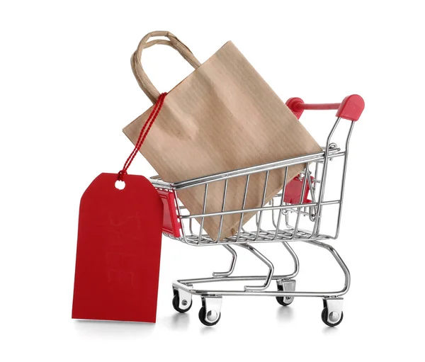 Shopping Cart Paper Bag Tag White Background Black Friday Sale — Stock Photo, Image