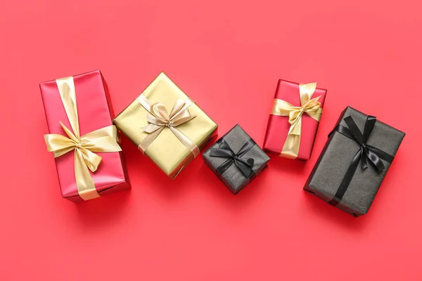 Gift Boxes Red Background Black Friday Sale — Stock Photo, Image