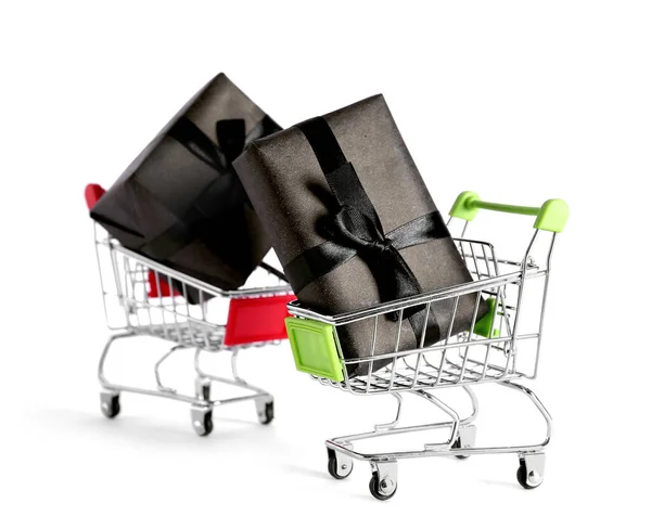 Shopping Carts Gift Boxes White Background Black Friday Sale — Stock Photo, Image