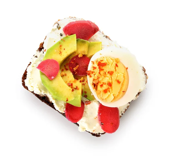 Tasty Toast Boiled Egg Avocado White Background — Stock Photo, Image