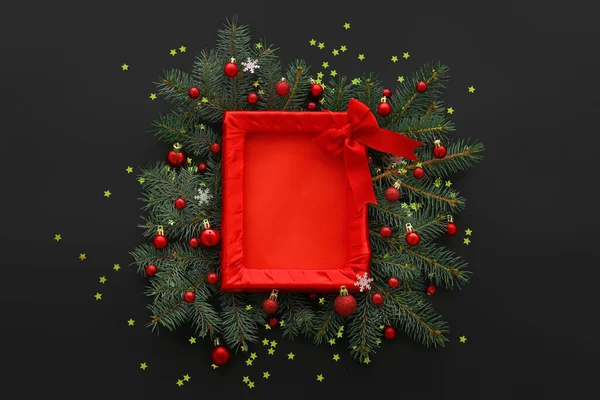 Blank Frame Christmas Decor Fir Branches Black Background — Stock Photo, Image