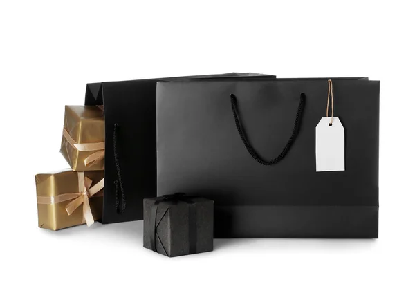 Τσάντες Αγορών Κουτιά Δώρων Λευκό Φόντο Μαύρη Παρασκευή Πώληση — Φωτογραφία Αρχείου